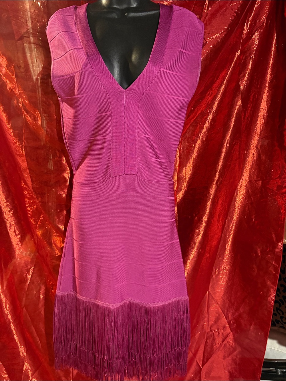 Vibrant Fuchsia Fringe Knit V‑Neck Dress
